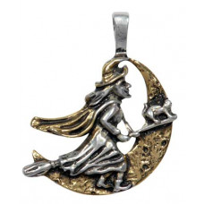 Moon Witch Hängsmycke för Magisk Intiution — Häxa med Katt på Kvast i pläterat tenn