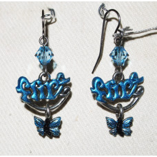 Text Flirt in blue with Butterfly below Earrings No. e12261