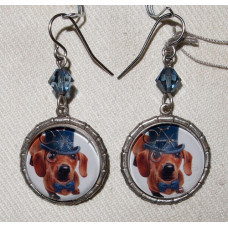 Dachshund Short Haired in Top Hat Cameo Steampunk Earrings No. e15048